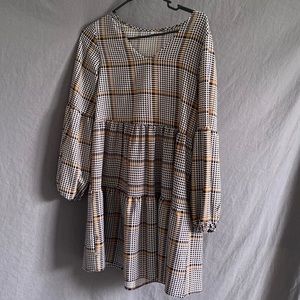 Source Unknown Plaid Long Sleeve Dress - Black, White, Brown